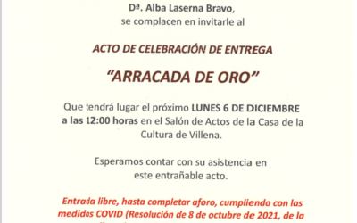 Villena celebra el acto de entrega de la Arracada de Oro de 2021 en la ceremonia oficial del próximo lunes