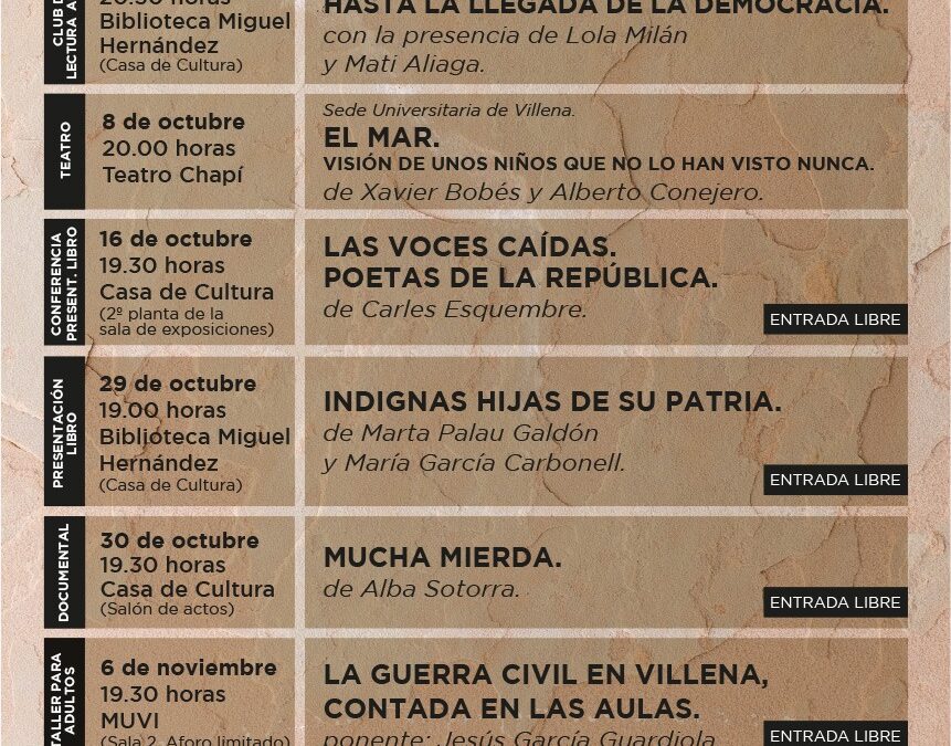 Villena presenta la programación de las Jornadas de Memoria Histórica con la incorporación de un taller para adultos sobre la historia de la Guerra Civil de Villena